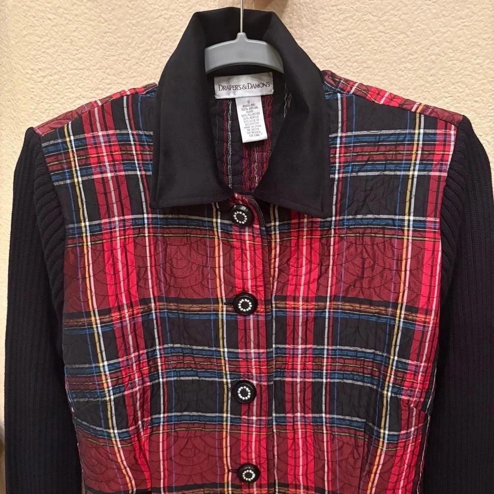 Vintage DRAPER’S & DAMON’S Red Black Plaid Rhinestone Button Holiday Jacket-S